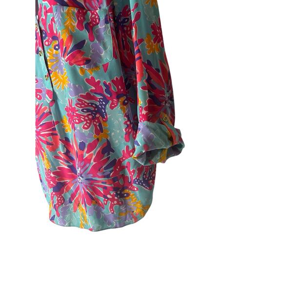 Lilly Pulitzer Delray Trippin & Sippin Silk Blouse Roll Tab Sleeve Resort wear L - Picture 4 of 16